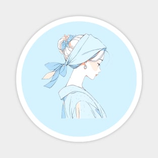 Minimalist line art pretty girl in blue Magnet